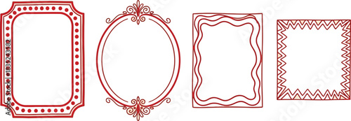 Four Red HandDrawn Frames, Rectangular, Oval, Square, Zigzag on a White Background