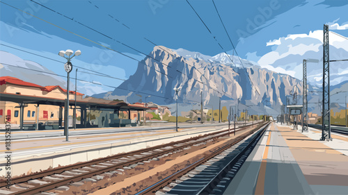 Scenic Painting of a Train Station with Majestic Mountain Background