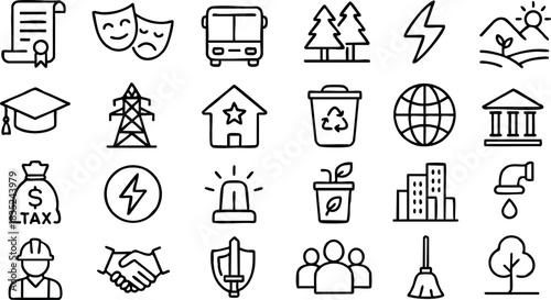 Monoline icon grid close up top view of civic service symbols including bus recycling bin tax bag power pylon globe trees handshake minimalist black line art