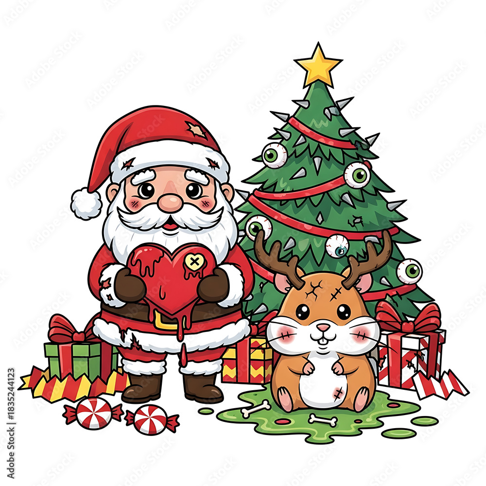 Obraz premium A spooky Christmas scene featuring a zombie Santa, a reindeer, and a tree.