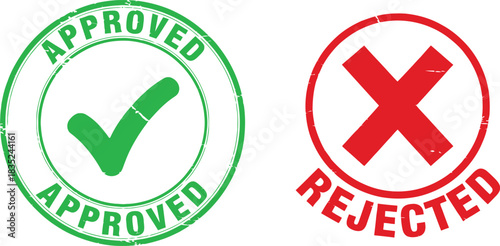 Green Approved Stamp with Checkmark and Red Rejected Cross Symbol on White Backdrop