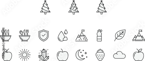 Vector Icon Set for Food, Ecology, Hiking, Nutrition, and Protection.
