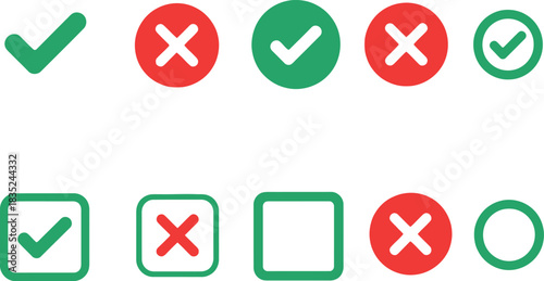 Green Check Mark and Red Cross Icon Set on White Background Rounded and Squared