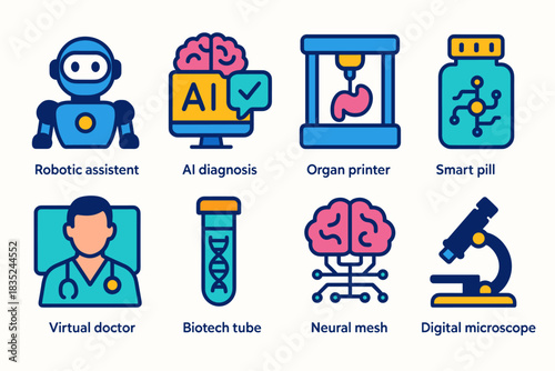 Futuristic medical and technological icons set