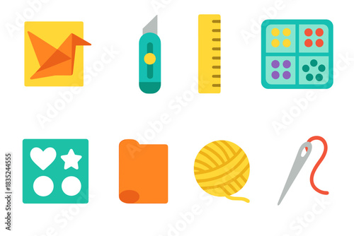 Craft tools and materials flat icons set