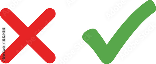 Green Check Mark And Red X Mark Icons Isolated on White Background, Flat Design