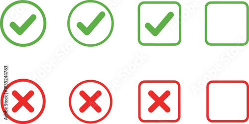 Green Check Marks & Red Cross Icons, Circle & Square, Confirmation & Rejection Set