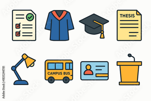 Academic themed outlined flat icons set