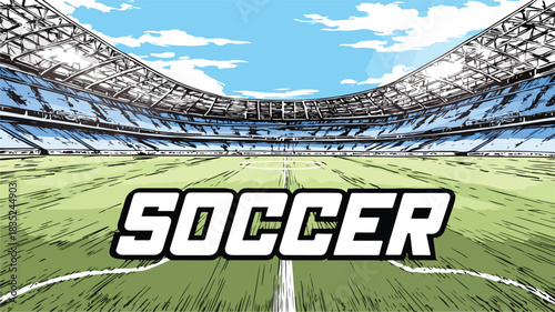 Vibrant Soccer Stadium with Bold 'Soccer' Word - Sports Concept Photo