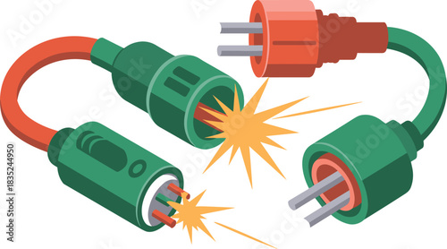 Sparking Damaged Power Cables and Electrical Plugs Vector Illustration