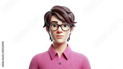 3D Cartoon Woman Wearing Glasses, Pink Shirt, White Background