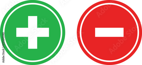 Green Plus and Red Minus Signs Addition, Subtraction Symbols in Circles