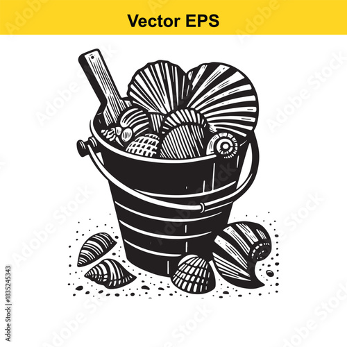 Bucket full of assorted seashells and shovel on a beach shore