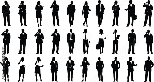 Extensive collection of diverse business people silhouettes, communicating via mobile phones, representing professional work, corporate staff, and busy, active workers