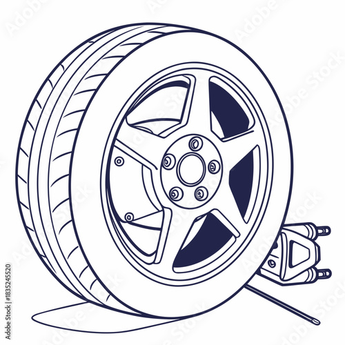 A detailed line art illustration of a car wheel and tire with a tire pressure gauge and a jack symbolizing automotive maintenance and repair