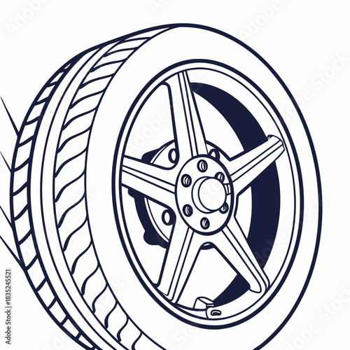 A detailed outline illustration of a car wheel with a five spoke alloy rim and a textured tire tread on a white background