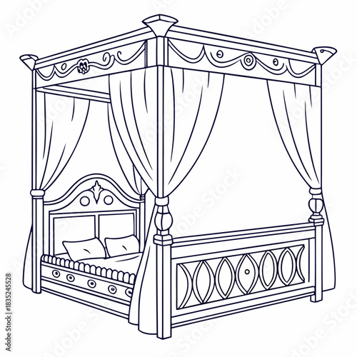 Elegant four poster bed with drapes and ornate headboard and footboard featuring decorative carvings and pillows on the mattress
