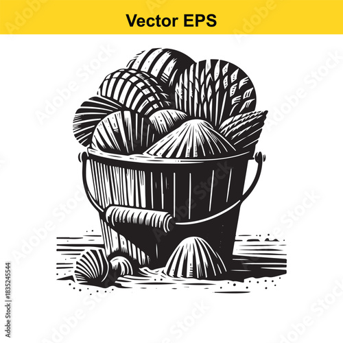 Bucket overflowing with various seashells on beach, ocean graphic