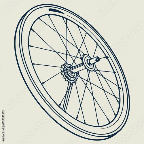Detailed line art illustration of a bicycle rear wheel with spokes rim hub and cogset presented against a neutral background