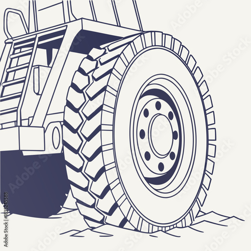 Close up illustration of a heavy duty mining truck tire and wheel assembly in a simplified line art style on a light background