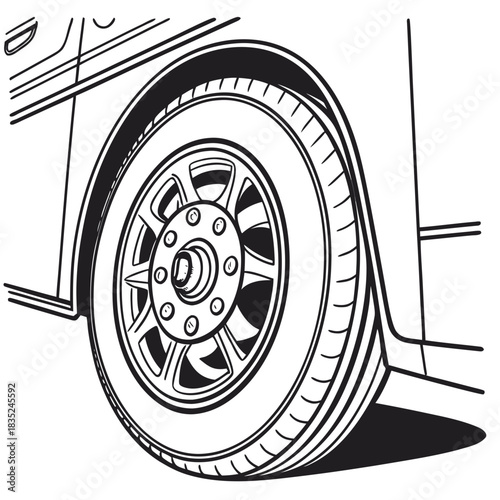 Detailed black and white illustration of a car s front wheel and tire with a classic alloy rim and tire tread detail against a clean white background