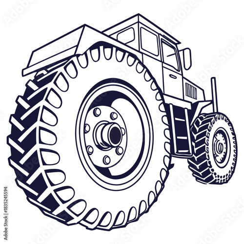 A stylized line art illustration of a heavy duty tractor viewed from a low angle emphasizing its large rugged tires and powerful machinery for agricultural work