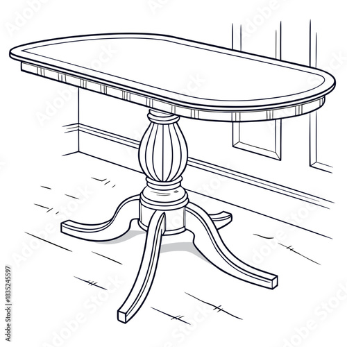 A detailed line drawing illustration of an elegant oval pedestal dining table with a carved base and four splayed legs set against a simple room background