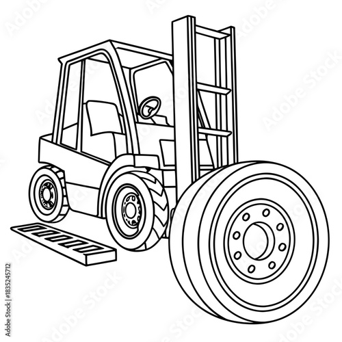 A simple line art illustration of a cartoon forklift truck with a large wheel and a ramp in front of it isolated on a white background