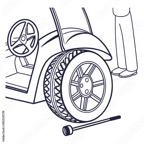 Illustration of a golf cart with a flat tire and a lug wrench lying on the ground next to the wheel with a person standing nearby