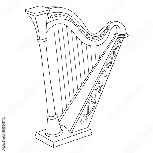 A detailed black and white line drawing illustration of a classical harp with ornate decorative carvings on its soundbox and a simple elegant design