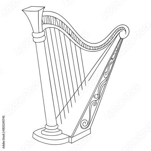 A detailed black and white line drawing illustration of a classic harp with elegant curved lines and decorative scrollwork on its frame isolated on a white background