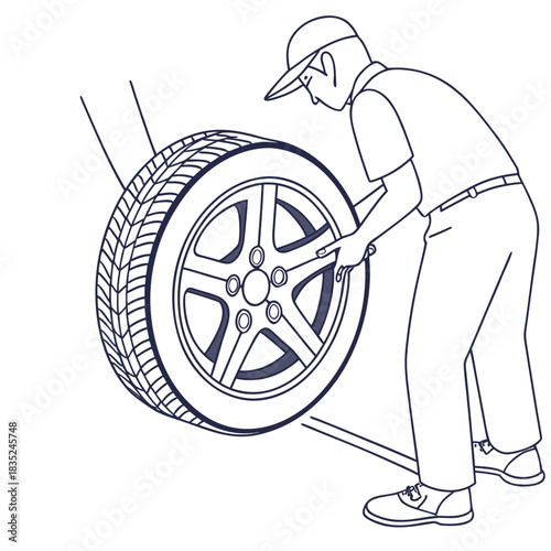 A mechanic wearing a cap and uniform inspects a car tire on a white background illustrating vehicle maintenance and repair services