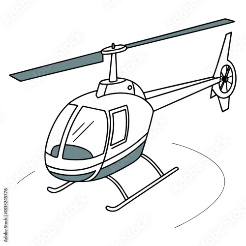 A simple cartoon illustration of a white and gray helicopter with a blue tinted canopy and rotor blades in motion against a white background
