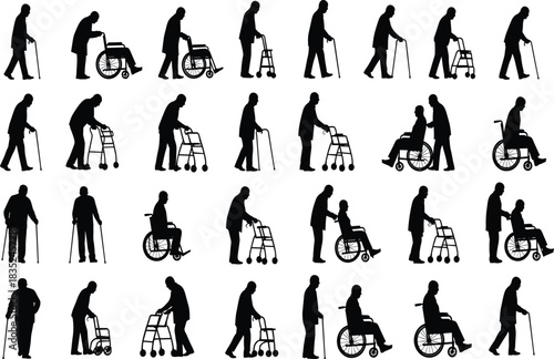 Extensive Collection of Elderly Silhouettes Showing Seniors with Canes, Walkers, and Wheelchairs, Highlighting Concepts of Aging, Caregiving, Medical Assistance, Disability, and Geriatric Health