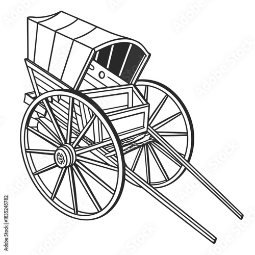A detailed black and white line art illustration of a classic covered wagon with a canvas top and wooden wheels perfect for historical or western themes
