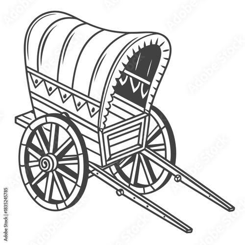 A stylized black and white illustration of a vintage covered wagon with a canvas top and wooden wheels perfect for historical themes