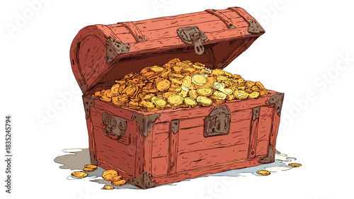 Treasure Chest Trunk Full Gold Coins Vector Illustration