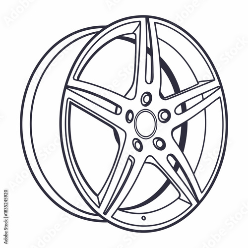 A detailed line drawing illustration of a five spoke alloy car wheel rim with a clean outline and no fill on a white background