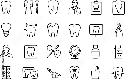 Minimal line art grid of thirty dental outline icons showing tooth, implant, mirror, pliers, toothbrush, toothpaste, pill pack, patient file and dentist avatar in monochrome vector