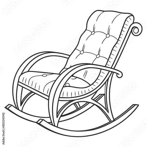 A detailed line drawing illustration of a classic tufted rocking chair with curved wooden arms and a gently sloped backrest on a white background
