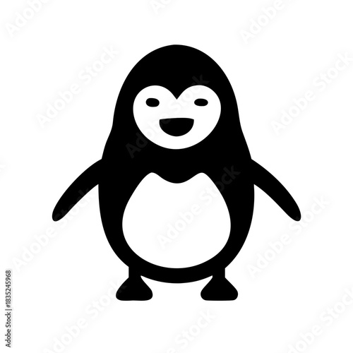 A cute cartoon penguin baby illustration in black and white stands on the cold arctic snow with its family