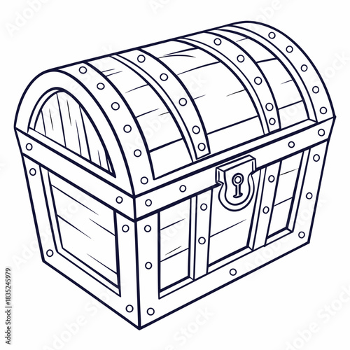 A simple line art illustration of a classic wooden treasure chest with metal bands and rivets featuring a prominent lock mechanism on the front presented in a clean isolated graphic style