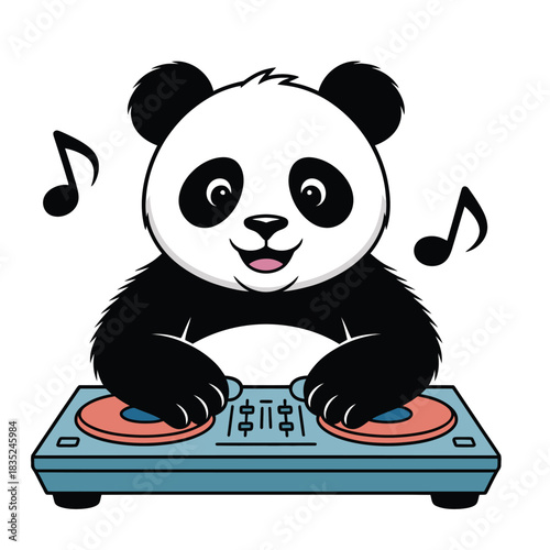 Adorable cartoon panda bear acting as a disc jockey playing music.