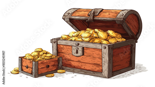 Luxurious Wooden Chest with Gold Coins and Treasure Box Concept Vector Illustration