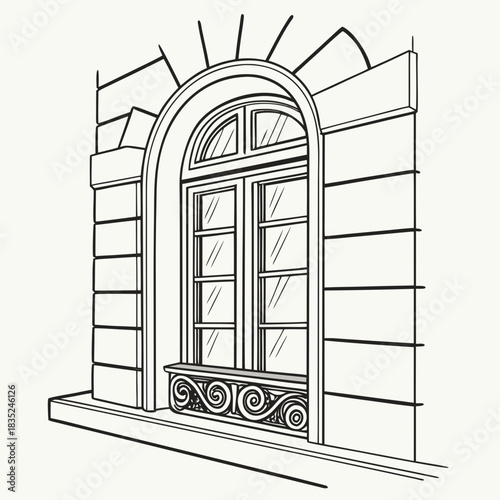 Ornate arched window with detailed stonework and decorative wrought iron grate classic architectural illustration