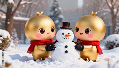 Children making a snowman in fresh snow, playful and joyful winter activity, perfect for winter, holiday, seasonal, family, and outdoor photography, illustration, or festive projects.