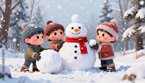 Children making a snowman in fresh snow, playful and joyful winter activity, perfect for winter, holiday, seasonal, family, and outdoor photography, illustration, or festive projects.