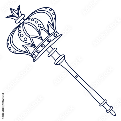 A detailed outline drawing of a royal scepter with a crown on top symbolizing power authority and monarchy in a simple elegant design