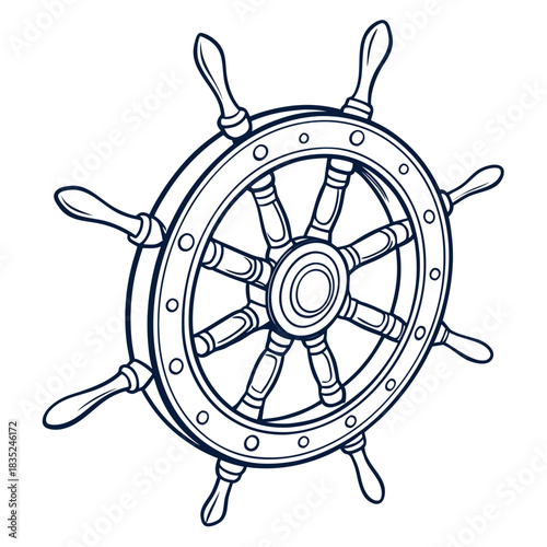 Classic nautical ship s helm with spokes and handles rendered in a clean bold outline drawing style on a white background symbolizing maritime adventure and control