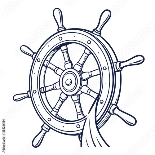 A traditional nautical ship s helm or steering wheel rendered in a classic line art style suggesting maritime adventure and control